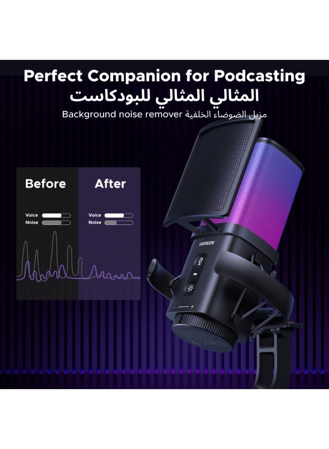 Ugreen USB Microphone Gaming Mic for PC, Streaming, Recording, Podcasts, Laptop, PS5, 96kHz/24bit with RGB Light, Mute button, Shock Mount, Volume Knob, Cardioid Polar Pattern, 3.5mm Headphones Jack - Image 4