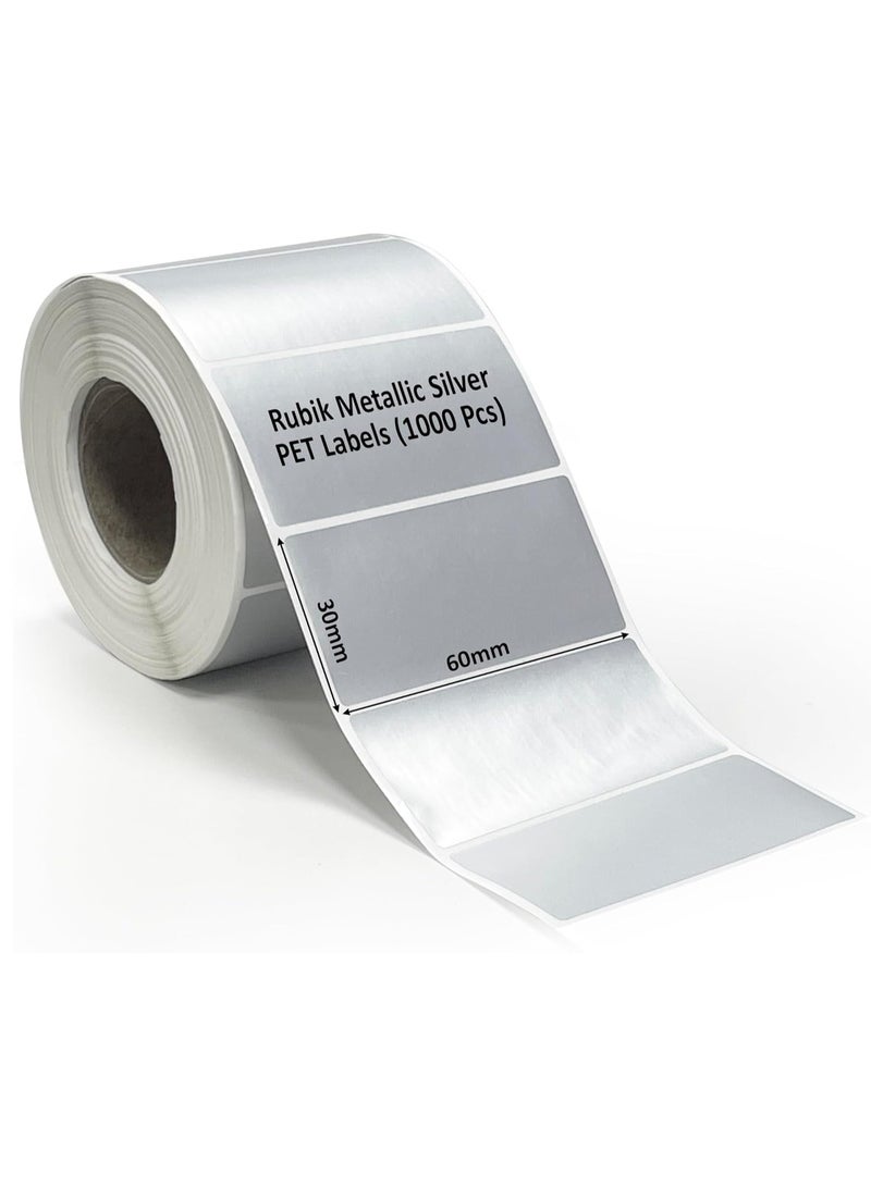 Rubik Metallic Silver PET Labels, Matt Finish, Self-Adhesive, Waterproof, Tear-Proof, Oil & Heat Resistant (60 x 30 mm (1000 Labels) - Image 1