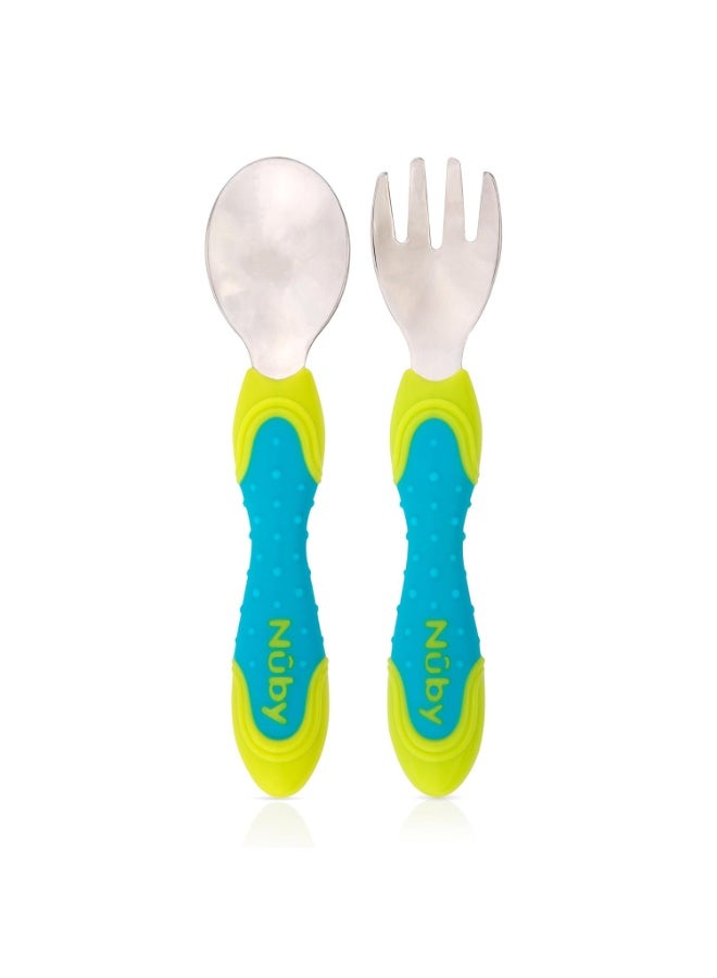 Nuby 2 Piece Stainless Steel Utensil, Blue/Green, 2 Count - Image 1