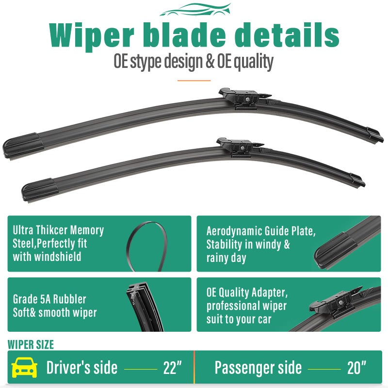 WINDSMILE 22" 20" Windshield Wiper Blades Replacement for Lincoln MKZ 2013-2020 / Ford Mustang 2010-2023 Original Factory Quality Front Wipers Blade Set for My Car - (Pack of 2) - Image 3