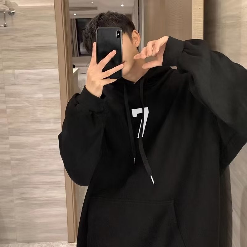 Mens Hoodie Autumn Winter Loose Plus Velvet Thick Casual Sweatshirt C68 plus velvet black 