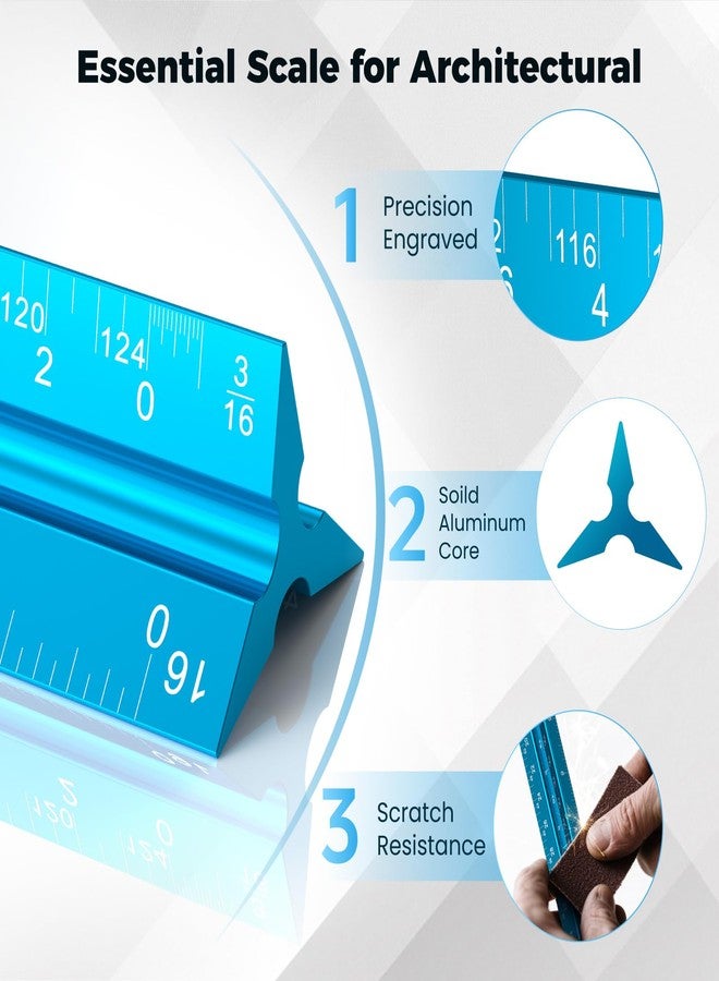 Rena Chris Architectural Scale Ruler: 12" Imperial Aluminum Alloy Metal Architecture Measuring Tools, Engineering Drafting Construction Drawing Blueprints Triangular Architect Scaling Rulers 12 Inches - Image 2