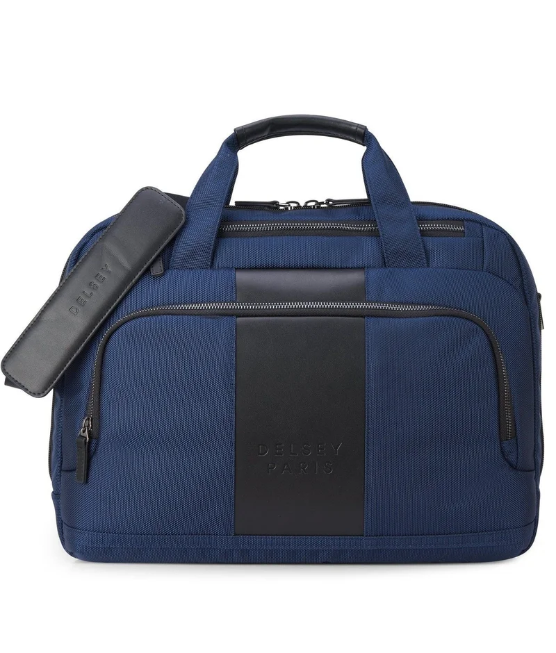 ديلسي _باريس حقيبة يد جلدية بسحاب وحزام كتف قابل للتعديل بلون أزرق داكن