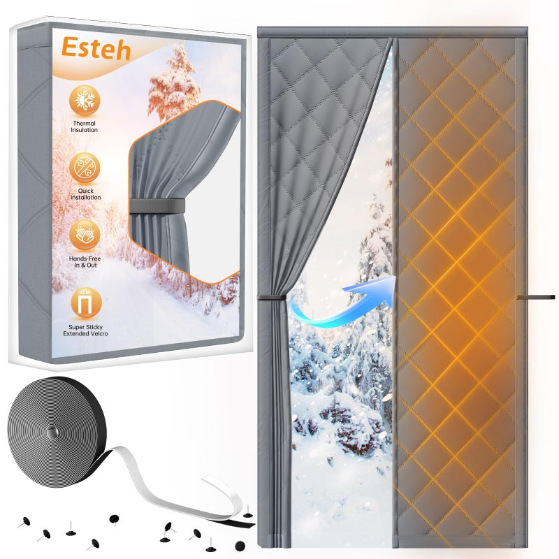 Esteh Magnetic Thermal Insulated Door Curtain for Winter Fits Door Size 38" x 82", Temporary Thermal Door Cover for Cold with Thickened Cotton, Window Insulation Kit for Sliding Glass Doorways - Gray - Image 1