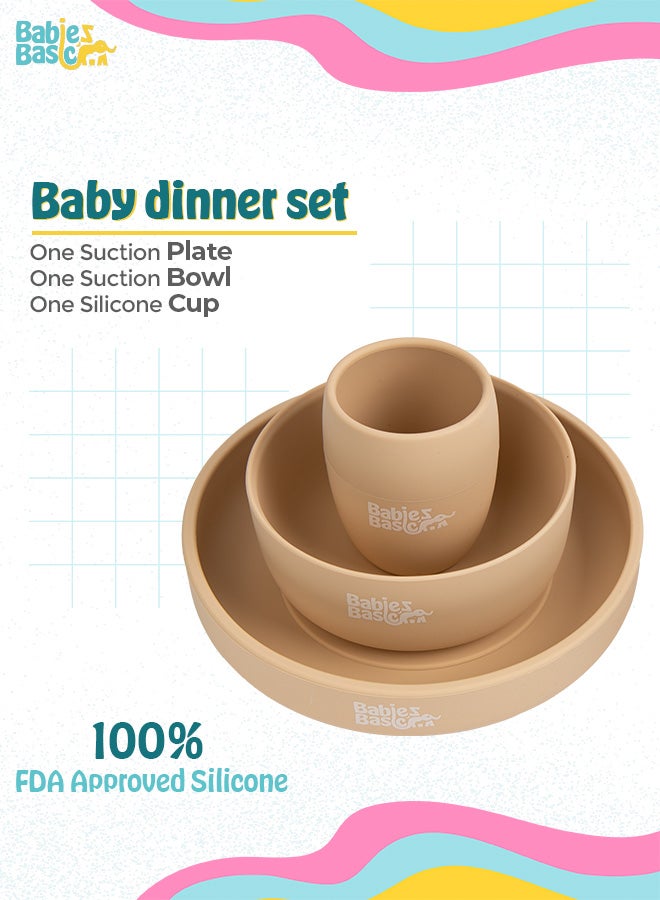 Babies Basic Silicone Plate, Bowl & Cup- Beige - Image 2