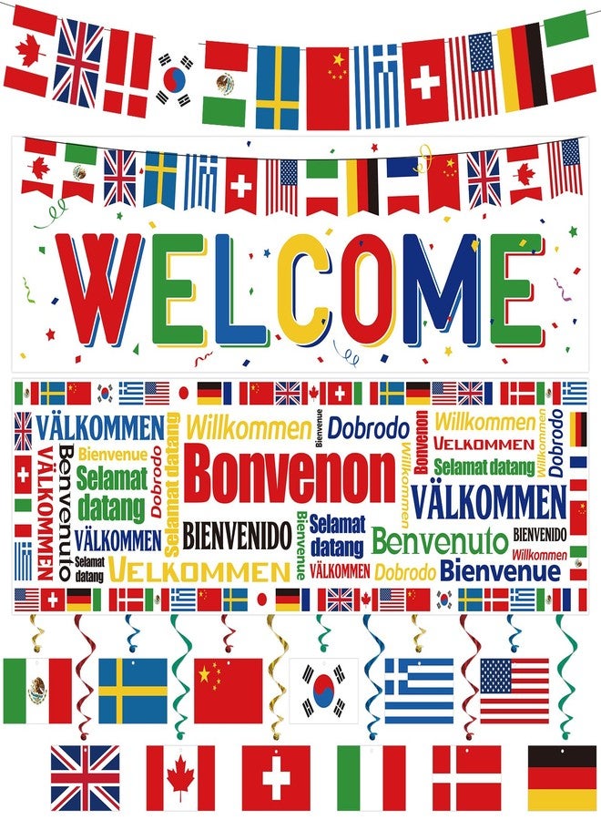 Panelee 27 Pcs International Flags Decorations World Flags Welcome Banners Country Flags Ceiling Hanging Swirls for International Sports Events Club School Classroom Birthday Party Celebration Decor - Image 1