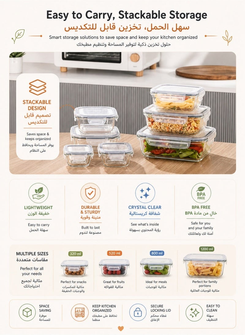 4-Piece Glass Food Storage Containers Set – Airtight & Leak-Proof Lids, Microwave/Oven/Freezer Safe, BPA-Free, Stackable Meal Prep Containers - Image 2