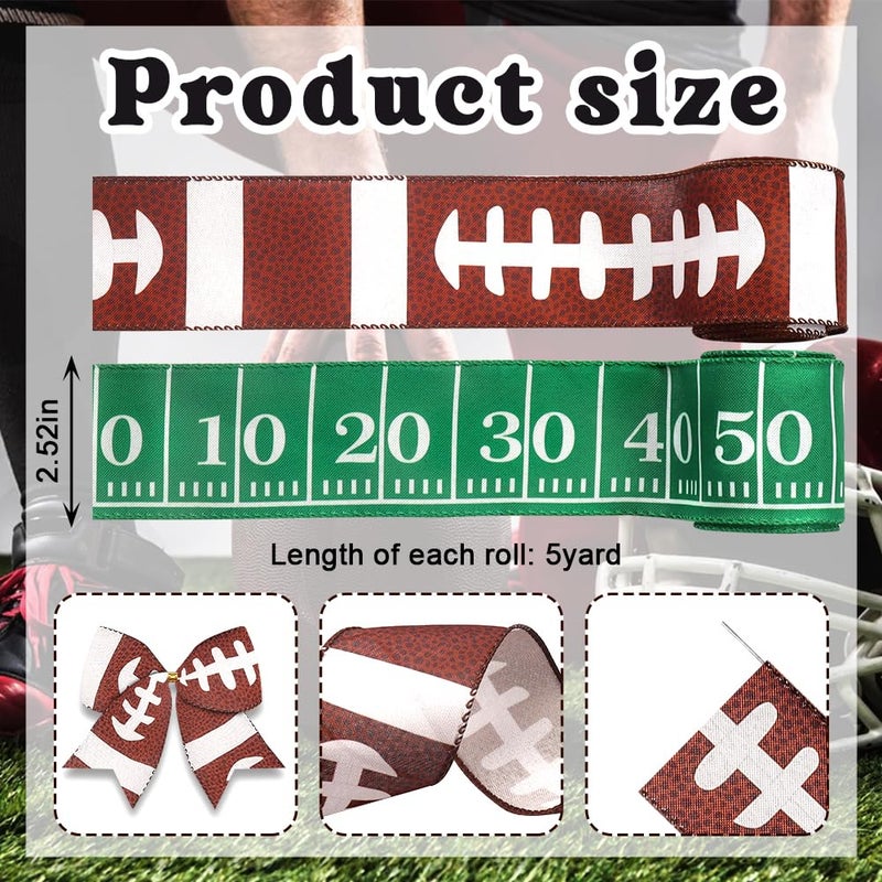 Threetols 2 Rolls 10 Yards Football Wired Edge Ribbons, 2.5inch Brown Green American Football Burlap Ribbons, Sport Gridiron Ribbon for Super Football Bowl DIY Craft Fall Bow Sport Team Party Decor - Image 2