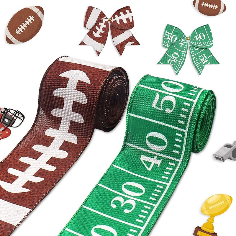 Threetols 2 Rolls 10 Yards Football Wired Edge Ribbons, 2.5inch Brown Green American Football Burlap Ribbons, Sport Gridiron Ribbon for Super Football Bowl DIY Craft Fall Bow Sport Team Party Decor - Image 1