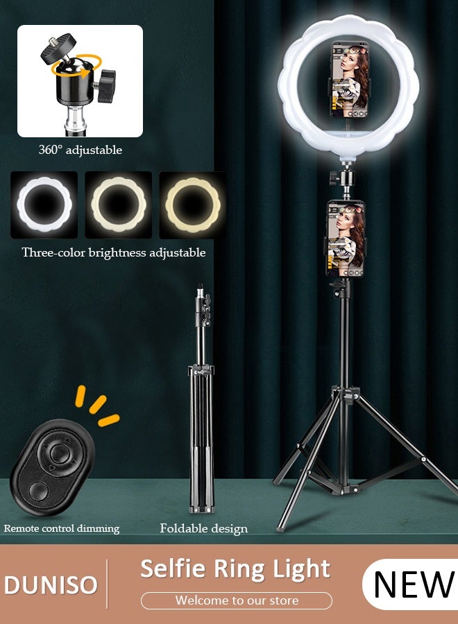 Selfie Ring Light with Tripod Stand,Mobile Phone Holder, Phone Live Streaming Holder for Outdoor and Indoor, Live Streaming Stand with Tripod Stand & Phone Holder, Tri-color Light for Vlog Selfie Live Streaming Video