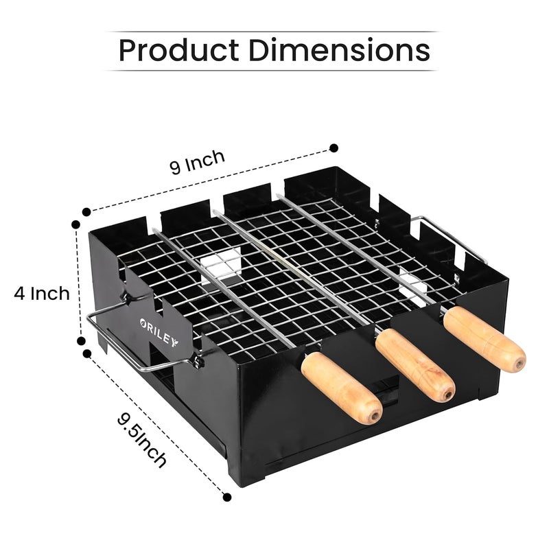 ORILEY Portable Charcoal Barbeque Grill | 3 Combo | 3 Sticks | 1 Glove | Standing Foldable BBQ Tools for Home Outdoor Camping Picnic Travel Cooking (Pack of 1, Black) - Image 3