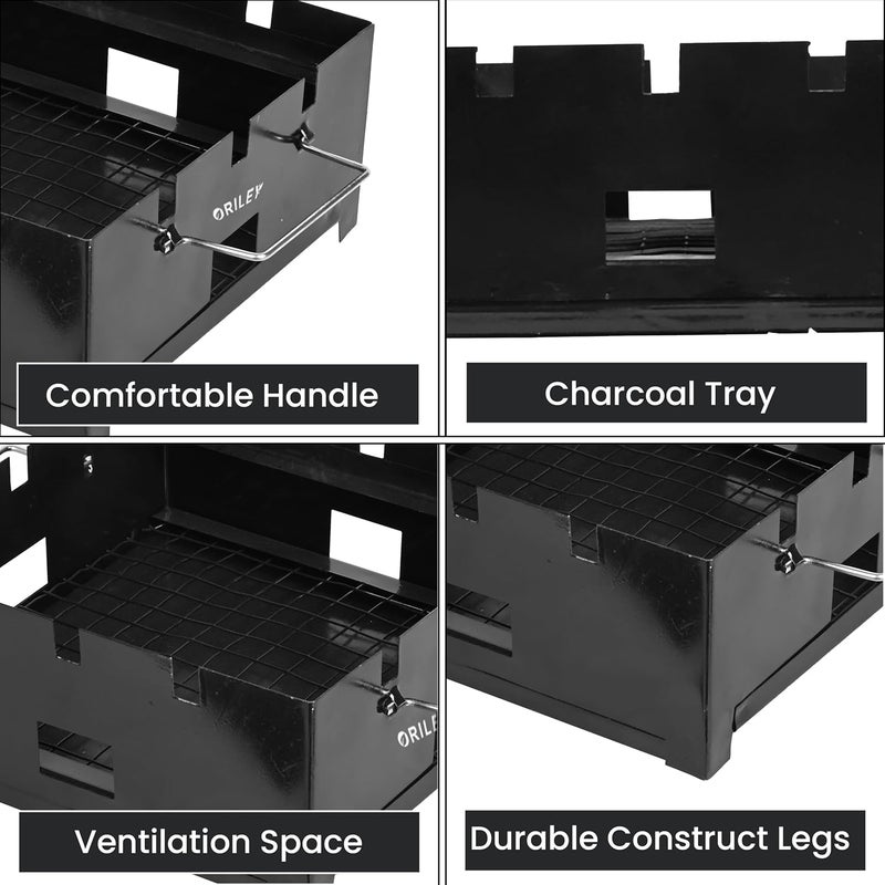 ORILEY Portable Charcoal Barbeque Grill | 3 Combo | 3 Sticks | 1 Glove | Standing Foldable BBQ Tools for Home Outdoor Camping Picnic Travel Cooking (Pack of 1, Black) - Image 4