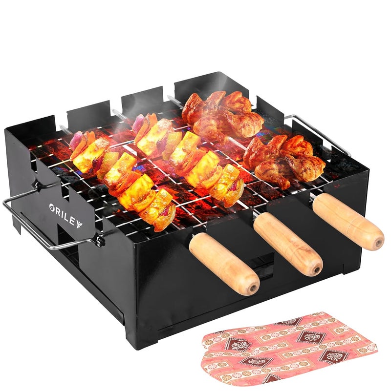 ORILEY Portable Charcoal Barbeque Grill | 3 Combo | 3 Sticks | 1 Glove | Standing Foldable BBQ Tools for Home Outdoor Camping Picnic Travel Cooking (Pack of 1, Black) - Image 1