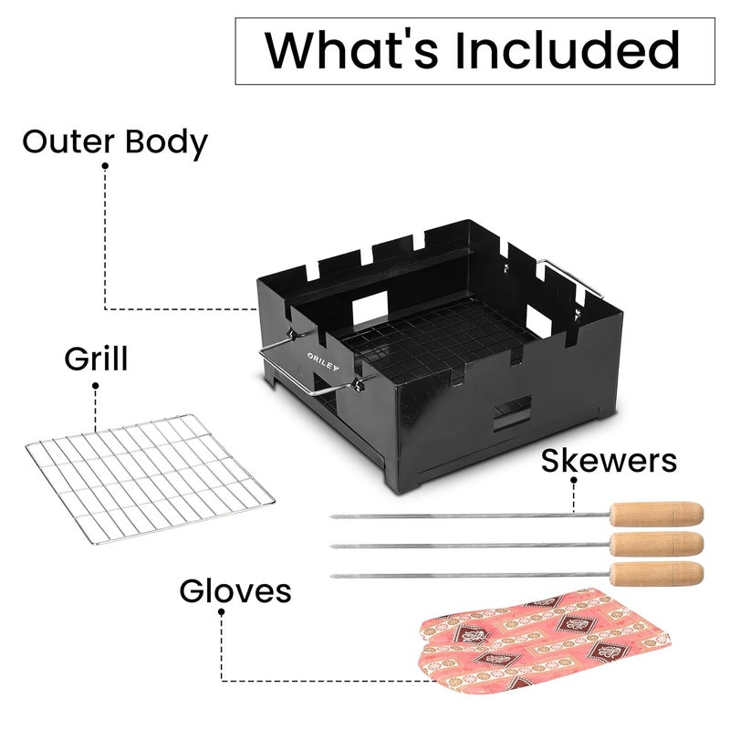 ORILEY Portable Charcoal Barbeque Grill | 3 Combo | 3 Sticks | 1 Glove | Standing Foldable BBQ Tools for Home Outdoor Camping Picnic Travel Cooking (Pack of 1, Black) - Image 2