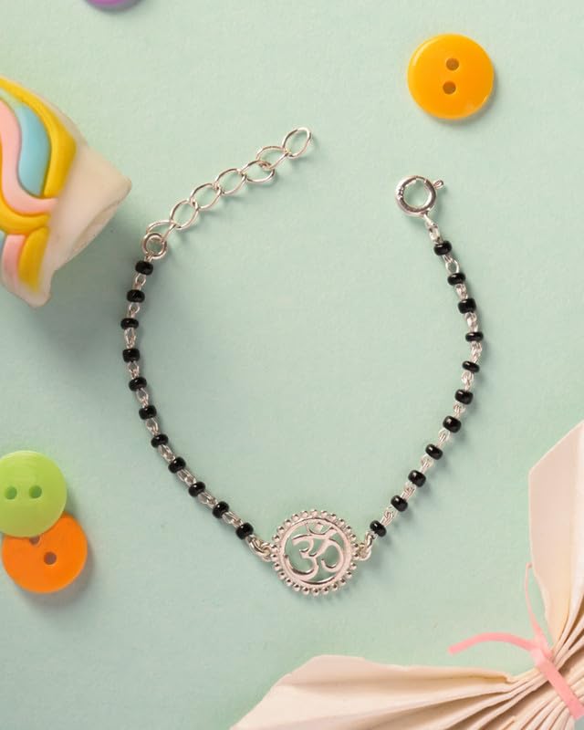 Clara 925 Sterling Silver Baby Nazariya Kids Om Bracelet With Black Beads | New Born to 1 Year | Length 5 inch, Adjustable | Gift For Baby Boys and Girls - Image 2