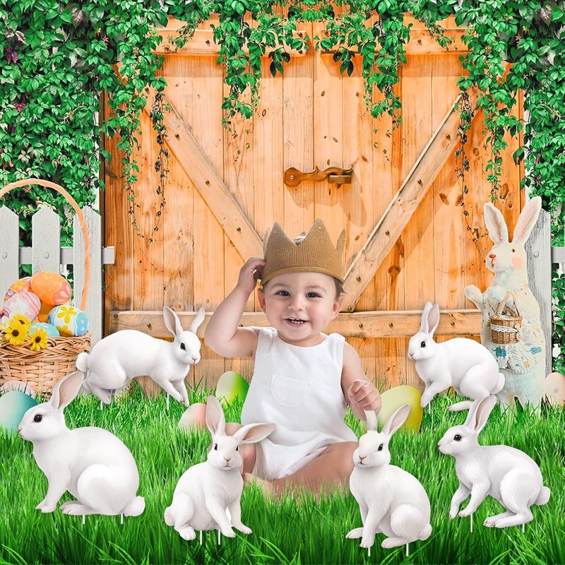 CiniQy 6 PCS 15 Inch Easter Bunny Outdoor Decorations with Stakes, Waterproof PP Safe Material White Cute Bunnies Lawn Signs, Easter Yard Decor, Outside Garden Party Funny Rustic Farmhouse Fake Rabbit Ornaments - Image 5