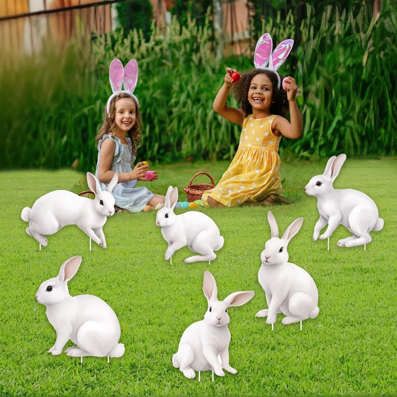 CiniQy 6 PCS 15 Inch Easter Bunny Outdoor Decorations with Stakes, Waterproof PP Safe Material White Cute Bunnies Lawn Signs, Easter Yard Decor, Outside Garden Party Funny Rustic Farmhouse Fake Rabbit Ornaments - Image 1