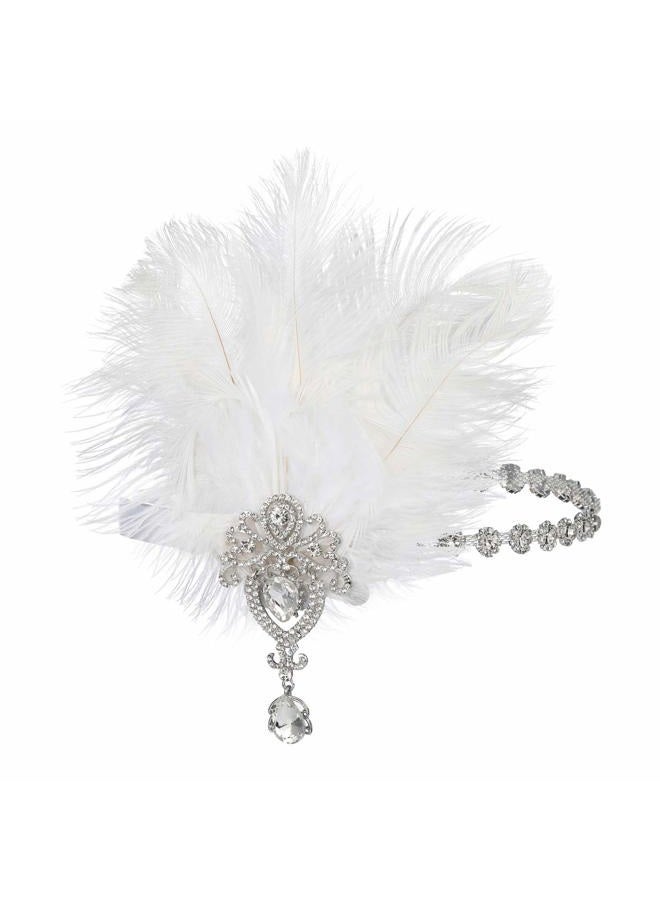 SWEETV 1920s Feather Headpiece Ivory, Womens Ostrich Feather Crystal Headband, Great Gatsby Hair Accessories for Women, Ribbon Tie - Image 2