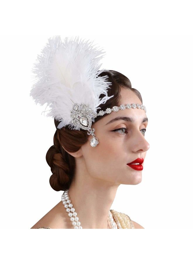 SWEETV 1920s Feather Headpiece Ivory, Womens Ostrich Feather Crystal Headband, Great Gatsby Hair Accessories for Women, Ribbon Tie - Image 1