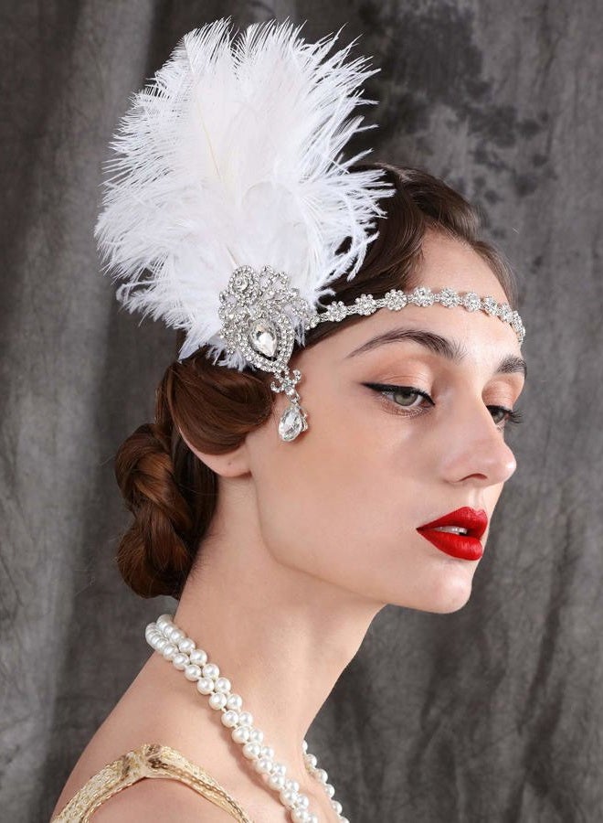 SWEETV 1920s Feather Headpiece Ivory, Womens Ostrich Feather Crystal Headband, Great Gatsby Hair Accessories for Women, Ribbon Tie - Image 3