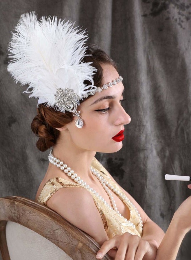 SWEETV 1920s Feather Headpiece Ivory, Womens Ostrich Feather Crystal Headband, Great Gatsby Hair Accessories for Women, Ribbon Tie - Image 5