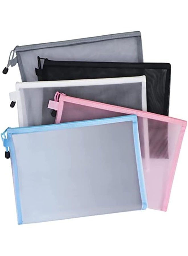 Mesh Zipper Pouch Document Bag, 5 Pack A4 Size Zipper Bags for School Office Supplies, Storage Bags, 5 Colors - Image 1