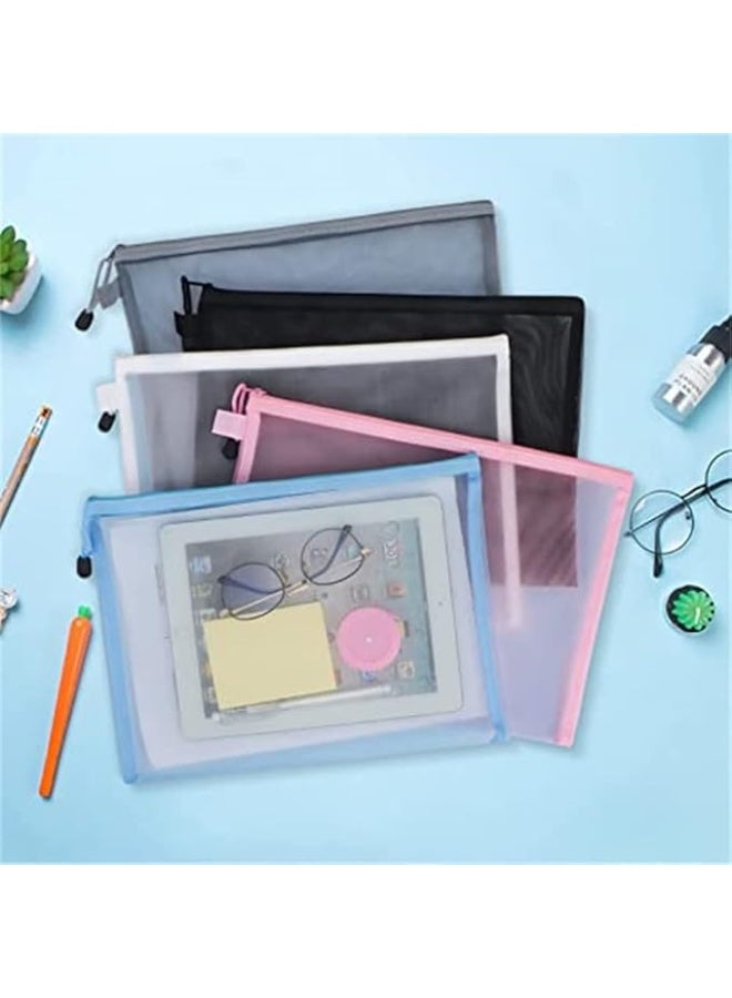 Mesh Zipper Pouch Document Bag, 5 Pack A4 Size Zipper Bags for School Office Supplies, Storage Bags, 5 Colors - Image 2