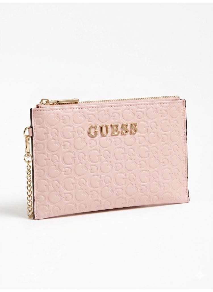 Women’s Leather Pouch Wallet with Chain – Slim Zipper Wallet – Elegant Pink Coin & Card Holder