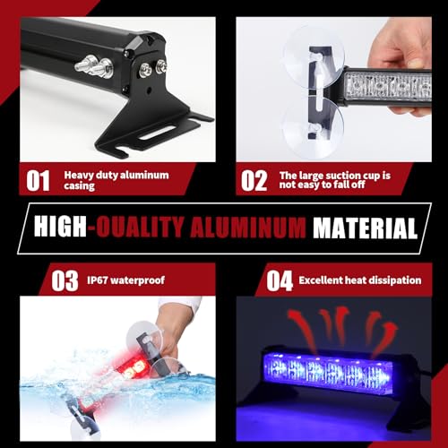Tiannor 4X 6.1 inch Emergency Strobe Police Lights Red/Blue 24 LED Waterproof Hazard Warning Flashing Safety Dash Front/Rear/Side Windshield Lights for First response vehicle Trucks Car - Image 5