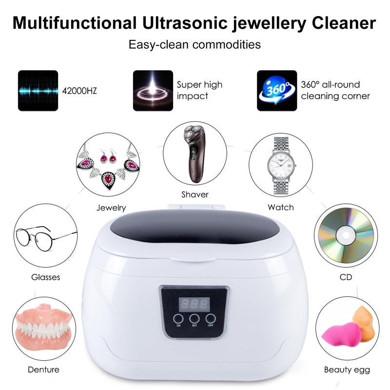 HIMALY Ultrasonic Jewellery Cleaner, 600ml Sonic Jewellery Bath Machine with Cleaning Basket and Watch Stand- Stainless Steel Tank & Digital Timer -for Jewelry Glasses Watch Metal Coins Dentures  - Image 3