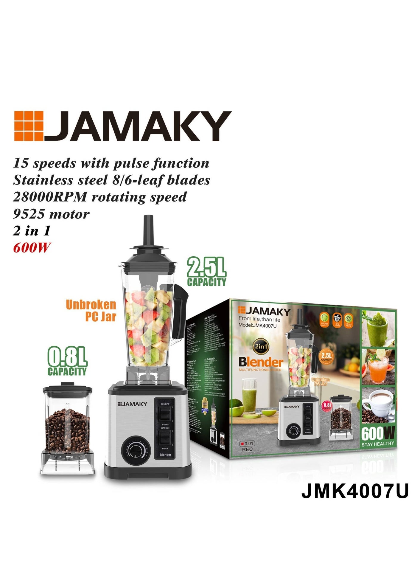 Professional blender and grinder 600 Watt, high quality with Italian technology, 2.5 liter unbreakable bowl - crushes ice, makes shakes, grinds spices - JMK4007U, Multi, 600 Watt - Multi Color