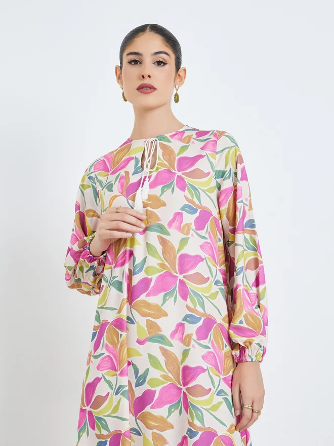 Styli multicolour Styli Floral Print Tie-Up Neck Jalabiya for Women | Best Price UAE