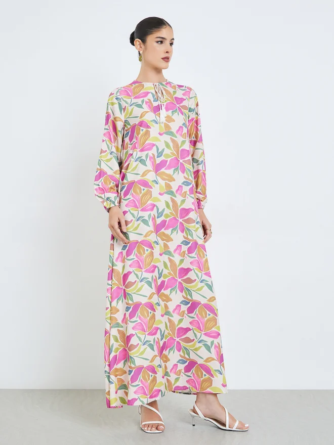 Styli multicolour Styli Floral Print Tie-Up Neck Jalabiya for Women | Best Price UAE