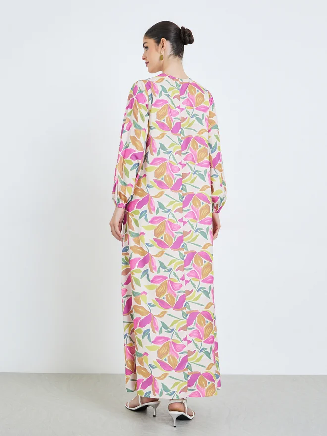 Styli multicolour Styli Floral Print Tie-Up Neck Jalabiya for Women | Best Price UAE