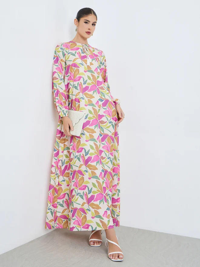 Styli Floral Print Tie-Up Neck Jalabiya