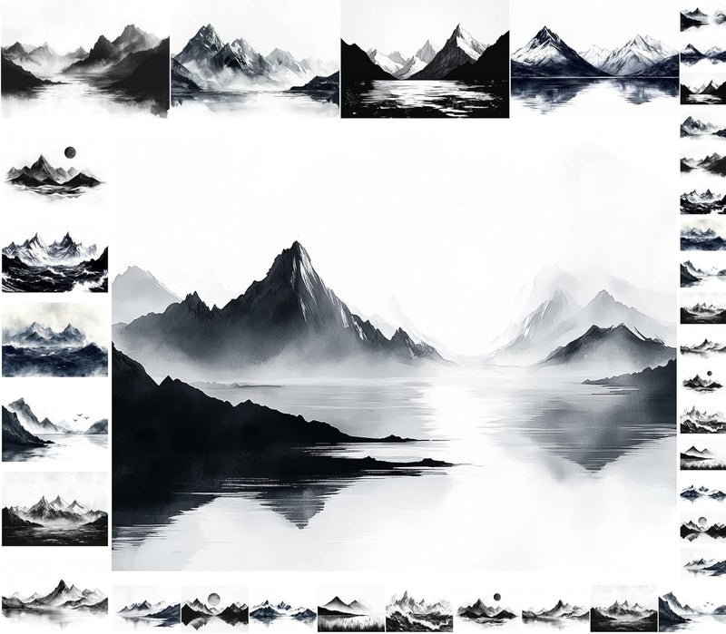 Flonz Decoupage Paper Pack (35 Sheets 6"x8") Monochrome Peaks: Majestic Black and White Mountain Landscapes with Misty Reflections, Dramatic Clouds and Serene Lake Views in Classic Ink Style Vintage - Image 1