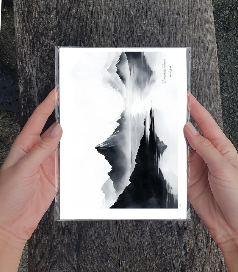Flonz Decoupage Paper Pack (35 Sheets 6"x8") Monochrome Peaks: Majestic Black and White Mountain Landscapes with Misty Reflections, Dramatic Clouds and Serene Lake Views in Classic Ink Style Vintage - Image 3