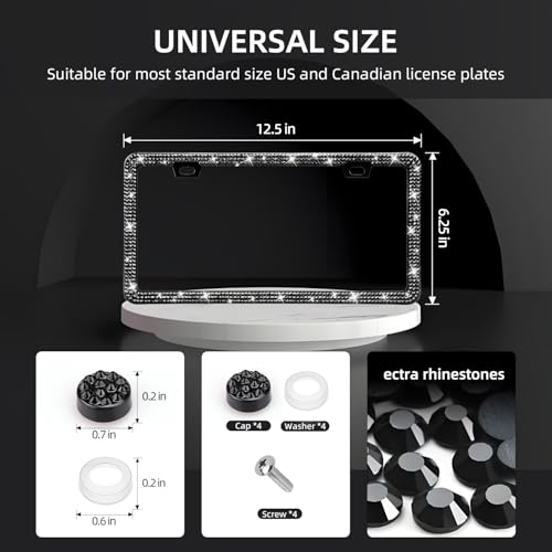EWBN Bling License Plate Frame for Women 2 Pack Sparkly Rhinestone License Plate Holder Premium Stainless Steel Diamond Car Accessories License Plate Cover with Glitter Crystal CapsBlack - Image 3