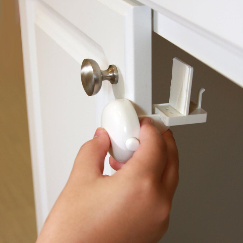 Qdos Safety Adhesive Double Door Cabinet Lock | Gray | Easy One Handed Operation - Patented ZeroPinch Design - Only Fits Standard Framed Cabinets and Furniture - Baby Proofing Doesn't Have to be Ugly - Image 5