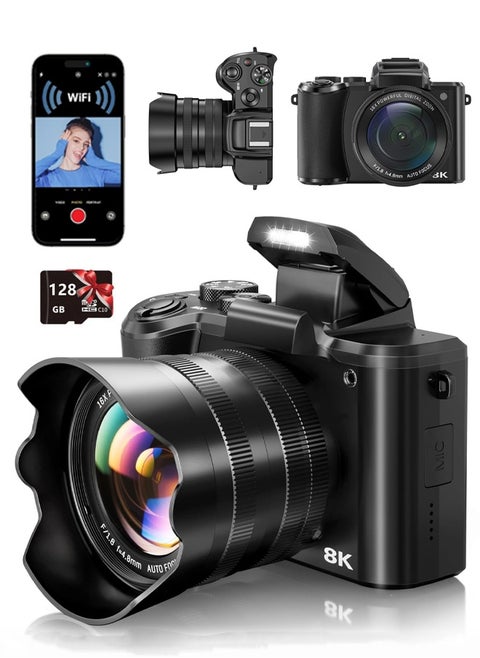 الكاميرات الرقمية 8K للتصوير الفوتوغرافي - كاميرا Vlog 88MP WiFi للتركيز الآلي لـ Tiktok مع عدسة مزدوجة - كاميرا Vlog Zoom الرقمية 16X مع غطاء العدسة ، بطاقة TF 128 جيجا بايت