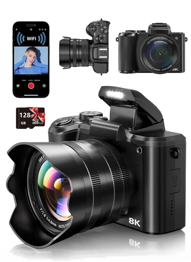 الكاميرات الرقمية 8K للتصوير الفوتوغرافي - كاميرا Vlog 88MP WiFi للتركيز الآلي لـ Tiktok مع عدسة مزدوجة - كاميرا Vlog Zoom الرقمية 16X مع غطاء العدسة ، بطاقة TF 128 جيجا بايت