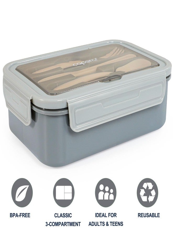 Caperci Classic Bento Box Adult Lunch Box for Older Kids - Leakpoof 47 oz 3-Compartment Lunch Containers for Adults and Teens, Built-in Utensil Set, Ideal for On-the-Go Balanced Eating, Gray - Image 2