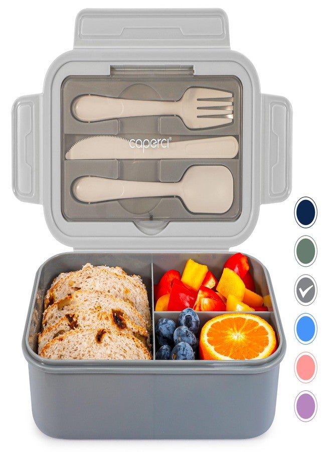 Caperci Classic Bento Box Adult Lunch Box for Older Kids - Leakpoof 47 oz 3-Compartment Lunch Containers for Adults and Teens, Built-in Utensil Set, Ideal for On-the-Go Balanced Eating, Gray - Image 1