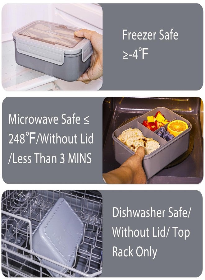 Caperci Classic Bento Box Adult Lunch Box for Older Kids - Leakpoof 47 oz 3-Compartment Lunch Containers for Adults and Teens, Built-in Utensil Set, Ideal for On-the-Go Balanced Eating, Gray - Image 5