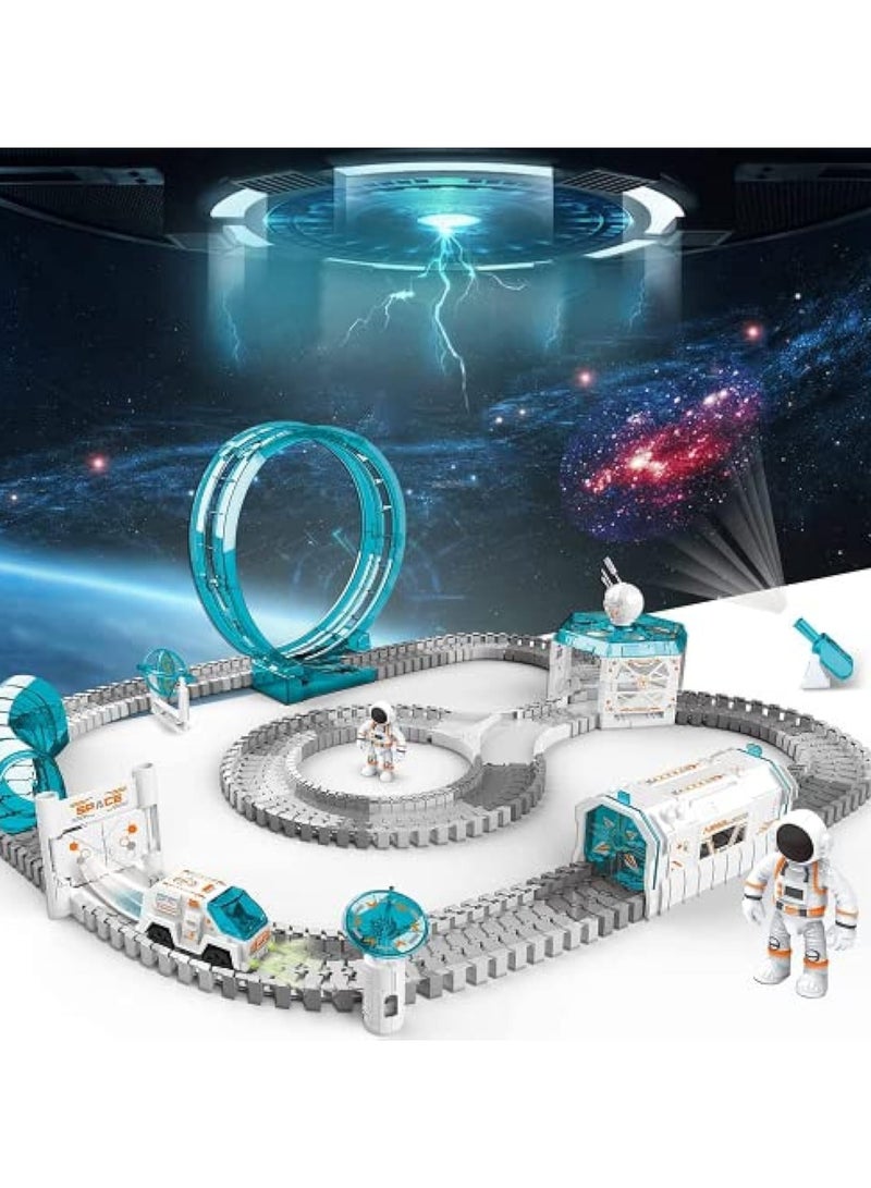 عام لعب فضائية للأطفال، مجموعات قطار للأطفال، سيارة مسار فضائية، 204 قطعة للأطفال البالغين من 6 إلى 8 سنوات، مع 1 إسقاط صغير للنجوم، 1 سيارة ضوئية و 2 دمى رواد فضاء، مسار مرن هدية عيد ميلاد - Image 1