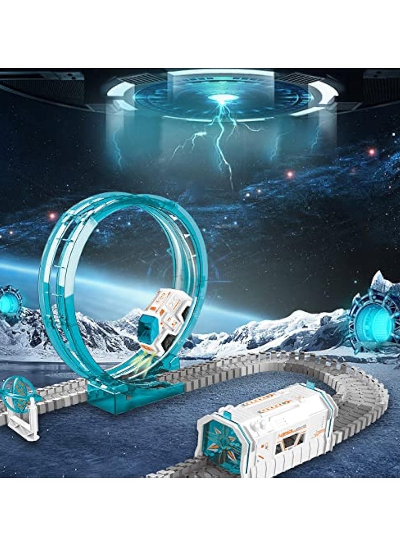 عام لعب فضائية للأطفال، مجموعات قطار للأطفال، سيارة مسار فضائية، 204 قطعة للأطفال البالغين من 6 إلى 8 سنوات، مع 1 إسقاط صغير للنجوم، 1 سيارة ضوئية و 2 دمى رواد فضاء، مسار مرن هدية عيد ميلاد - Image 2