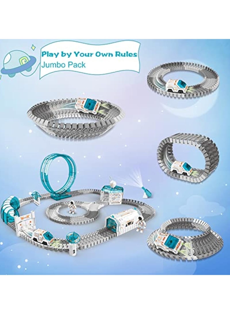 عام لعب فضائية للأطفال، مجموعات قطار للأطفال، سيارة مسار فضائية، 204 قطعة للأطفال البالغين من 6 إلى 8 سنوات، مع 1 إسقاط صغير للنجوم، 1 سيارة ضوئية و 2 دمى رواد فضاء، مسار مرن هدية عيد ميلاد - Image 3