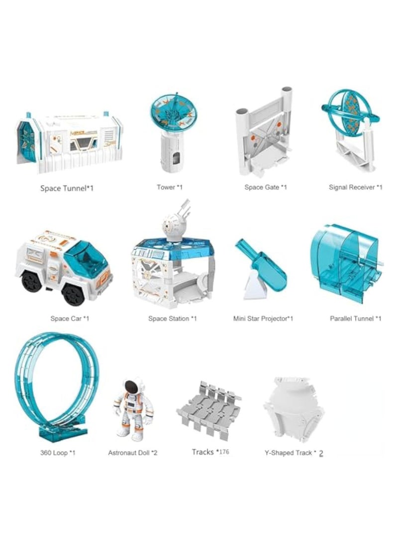 عام لعب فضائية للأطفال، مجموعات قطار للأطفال، سيارة مسار فضائية، 204 قطعة للأطفال البالغين من 6 إلى 8 سنوات، مع 1 إسقاط صغير للنجوم، 1 سيارة ضوئية و 2 دمى رواد فضاء، مسار مرن هدية عيد ميلاد - Image 4