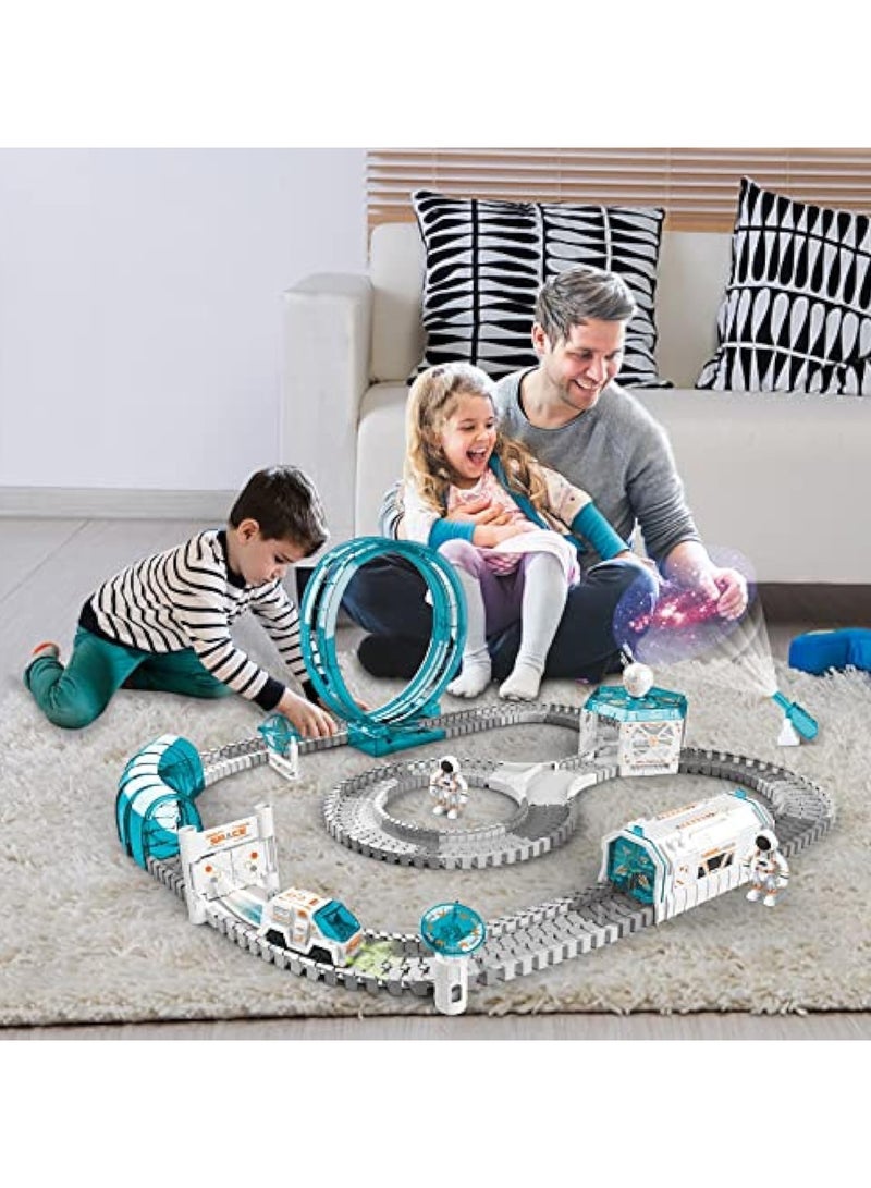 عام لعب فضائية للأطفال، مجموعات قطار للأطفال، سيارة مسار فضائية، 204 قطعة للأطفال البالغين من 6 إلى 8 سنوات، مع 1 إسقاط صغير للنجوم، 1 سيارة ضوئية و 2 دمى رواد فضاء، مسار مرن هدية عيد ميلاد - Image 5