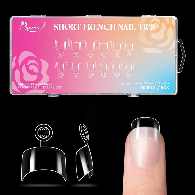 Ranrose 600PCS Short French Style False Nails Half Cover Nails Tips,Clear Short Acrylic Extension Finger Nail 12 Sizes with Box